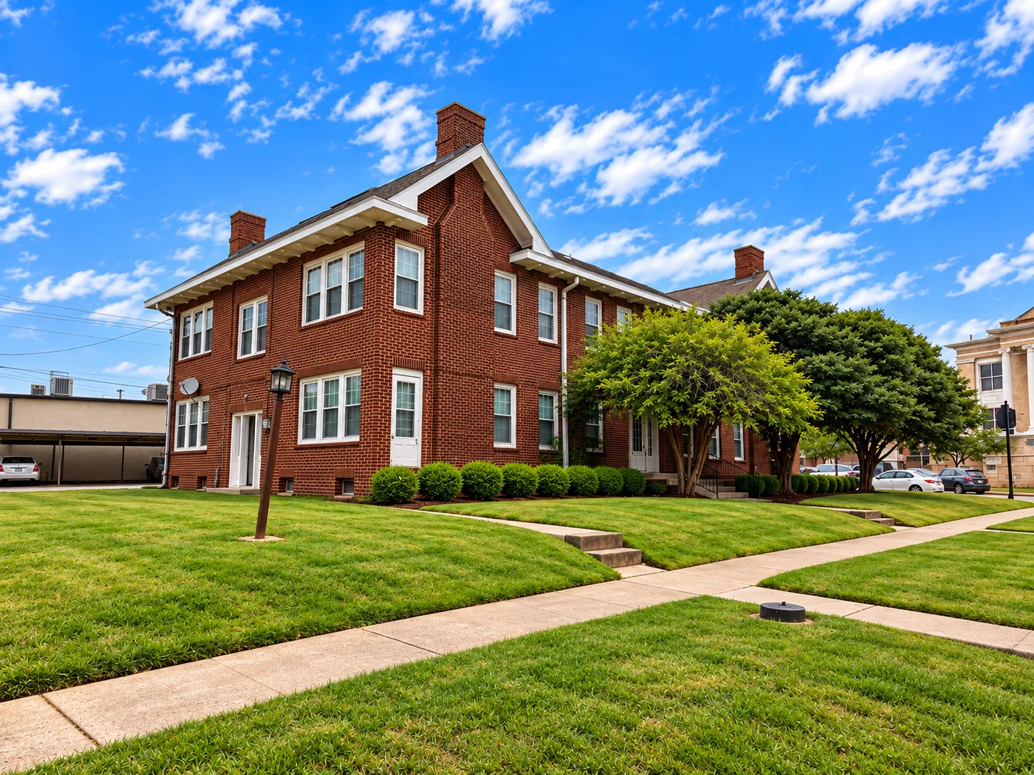 Brick multifamily exterior at 300 S. Barker St